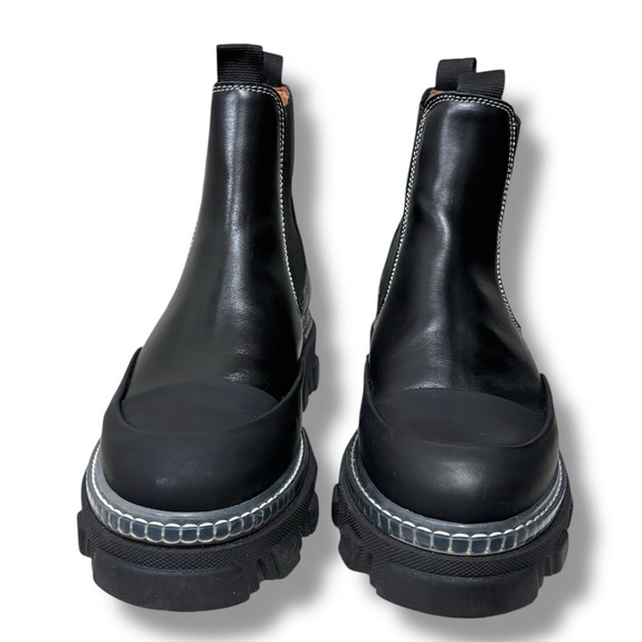 GANNI Cleated Mid Black Leather Lug Sole Chunky Pull on Chelsea Boots Size 12 - Picture 8 of 16